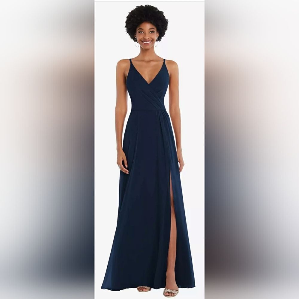 After Six 1557 Faux Wrap Criss Cross Back Maxi Dress Nwt Size 4 Navy Blue
